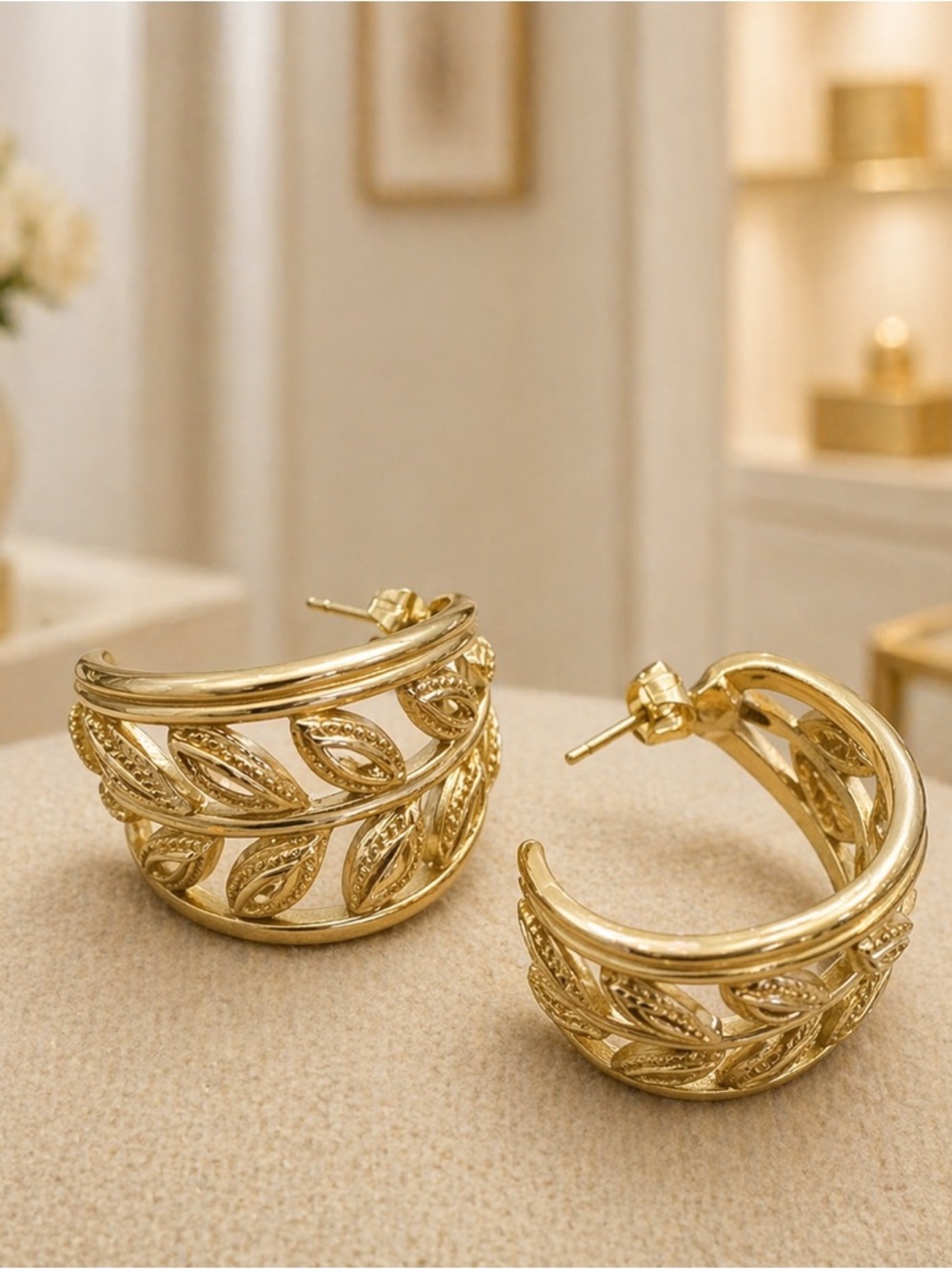 Vintage TRIFARI Gold Tone Hoop Filigree Leaf Earrings